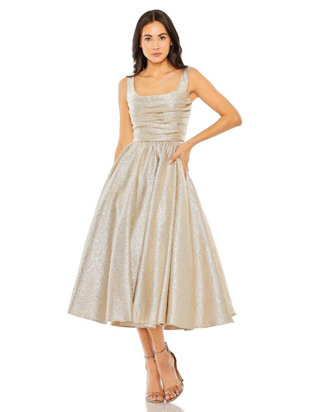 MAC DUGGAL Ieena Oyster Metallic Brocade Square Neck Midi Dress NWT Size 10